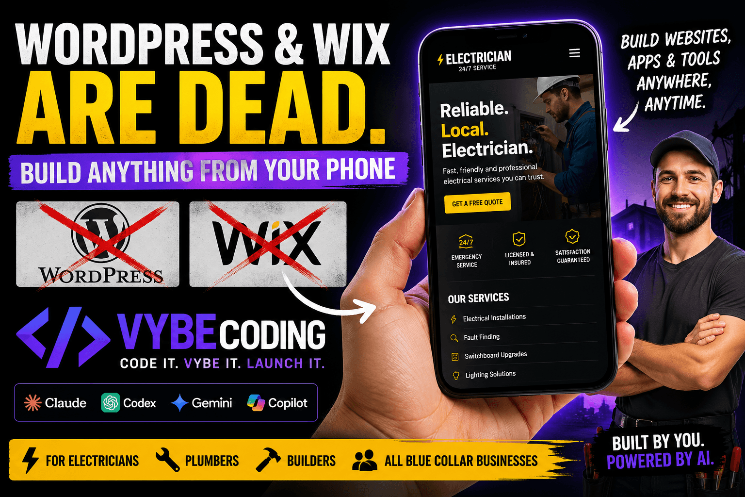 VybeCoding: Build websites, apps and tools from your phone. WordPress and Wix are dead. For electricians, plumbers, builders and all blue collar businesses.