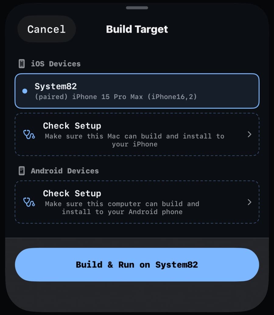 The Build Target sheet with Check Setup for iPhone and Android