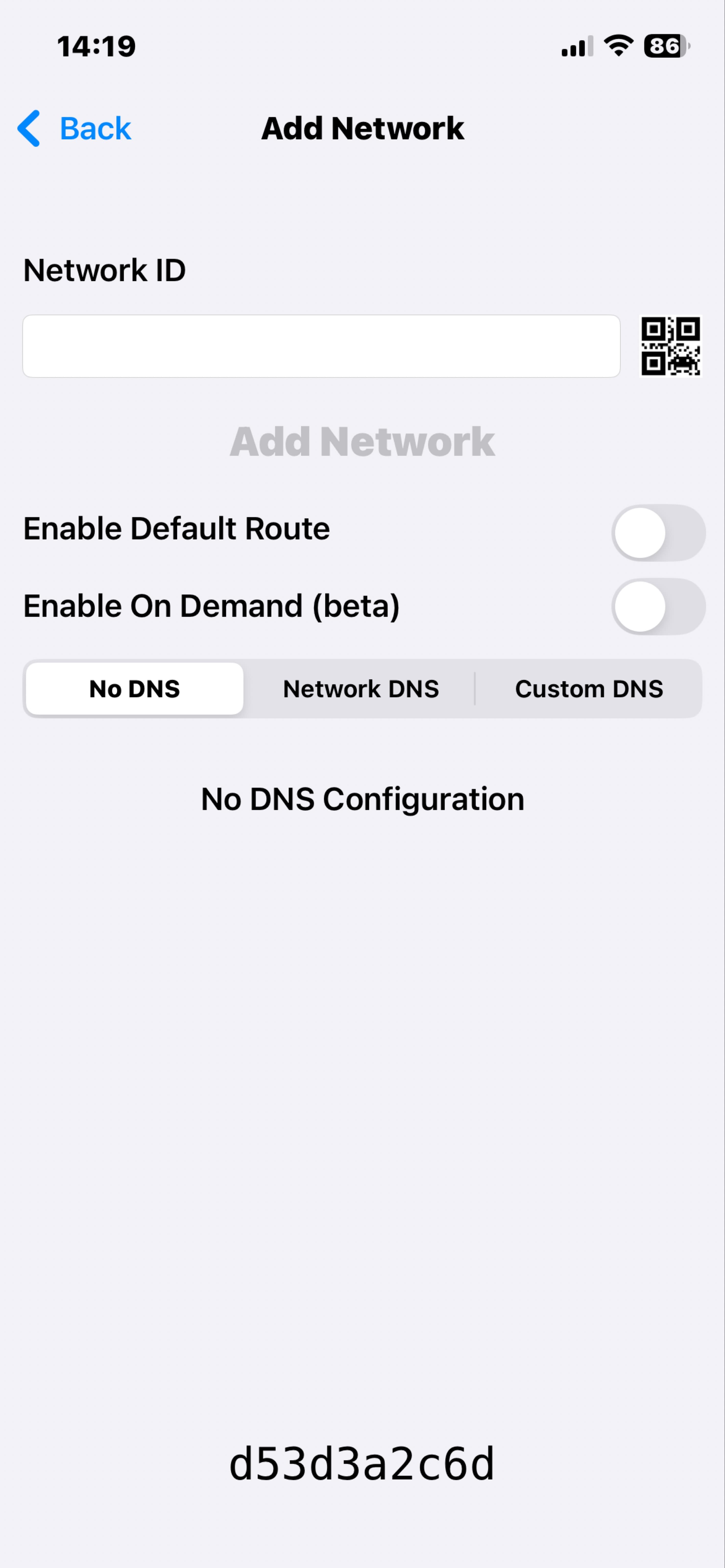 ZeroTier One app showing Add Network screen with Network ID field
