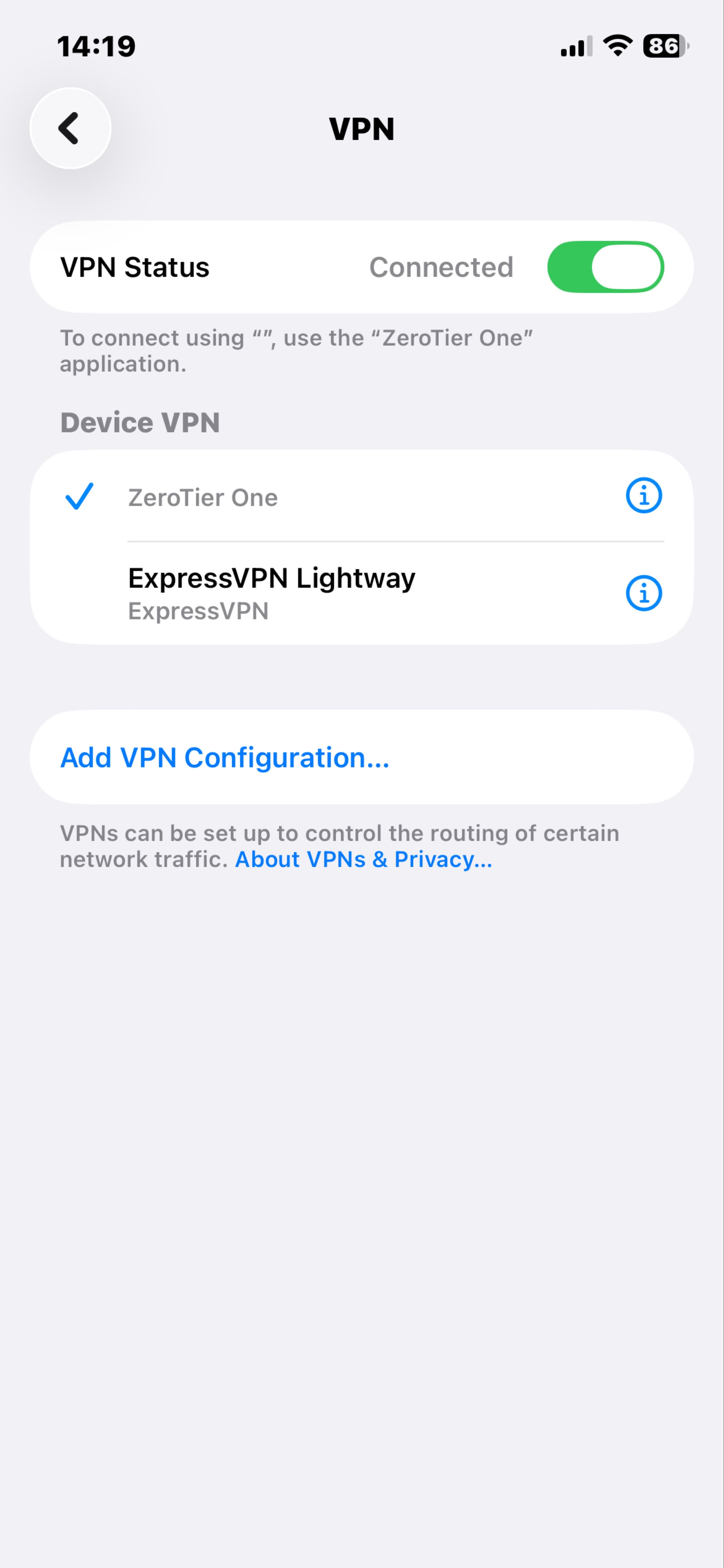 iOS VPN Settings showing ZeroTier One configured and connected