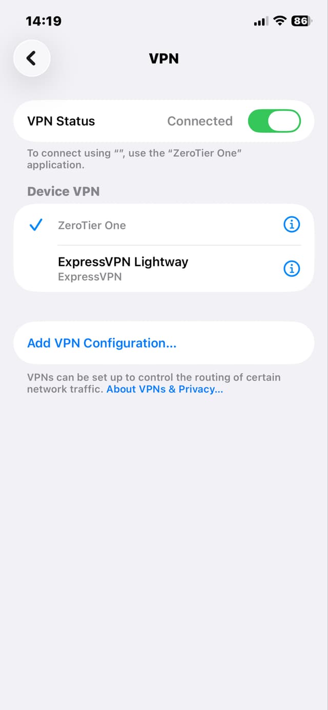 iOS VPN Settings showing ZeroTier One configured and connected