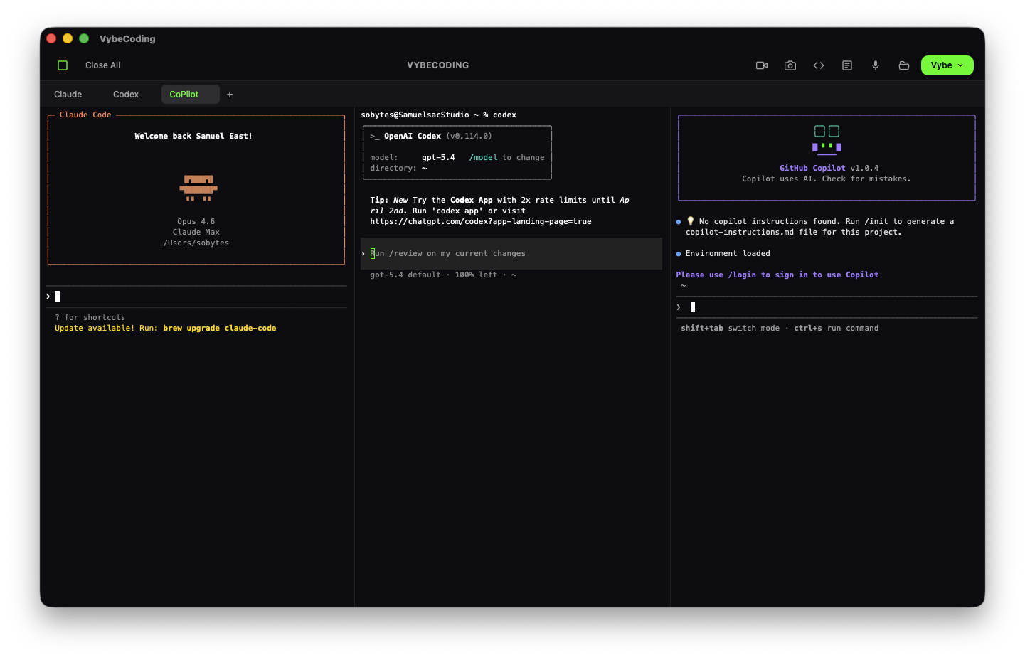 VybeCoding Desktop — AI coding terminal with split view on macOS